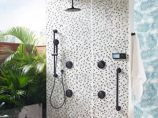 Light colored tile shower with black hardware - Weinstein Wholesale Plumbing Supply West Chester