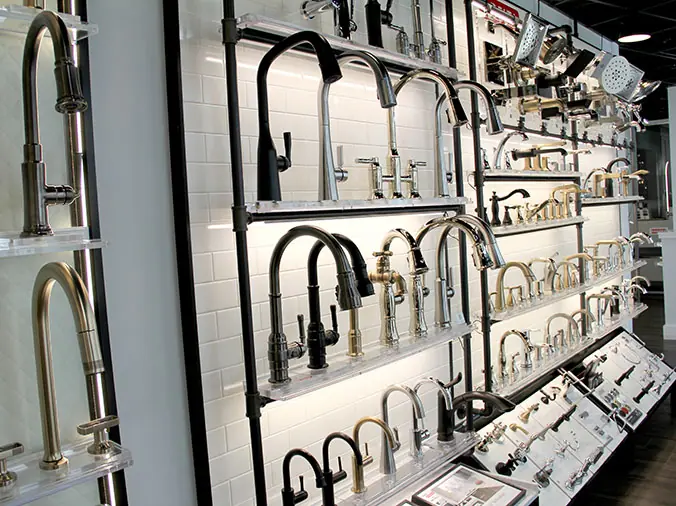 Kitchen and bathroom faucets on display in the Weinstein West Chester Showroom