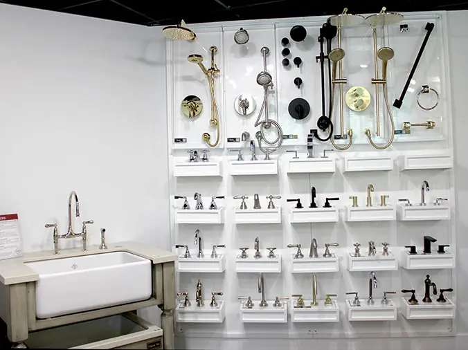 Shower heads and faucets on display in the Weinstein West Chester Showroom